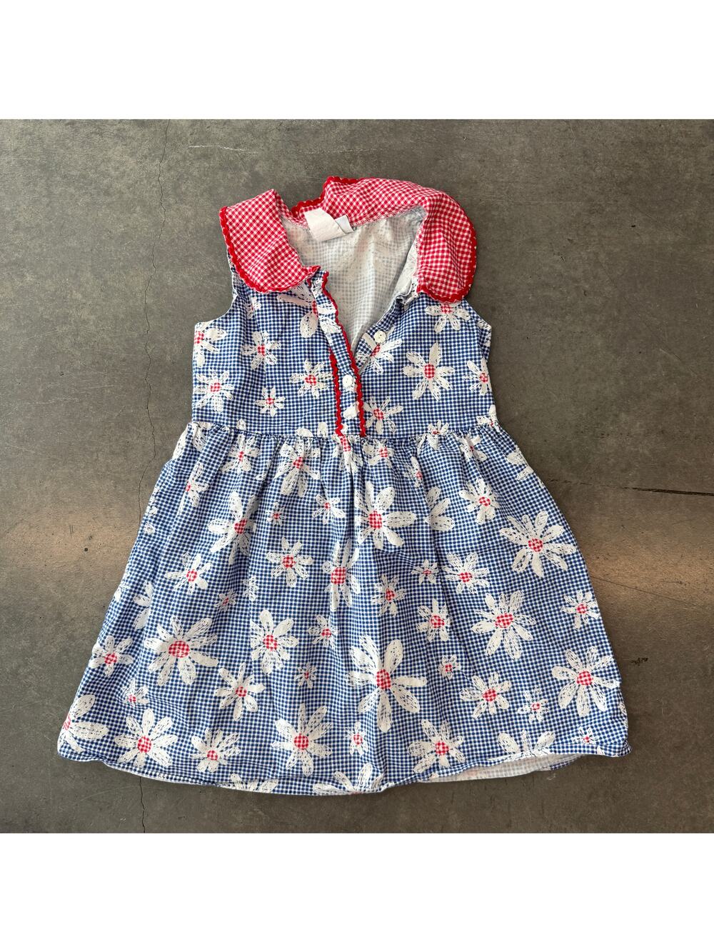 Vintage Y2K Kids Cotton Gingham Floral Blue Red White Sundress Girls 14